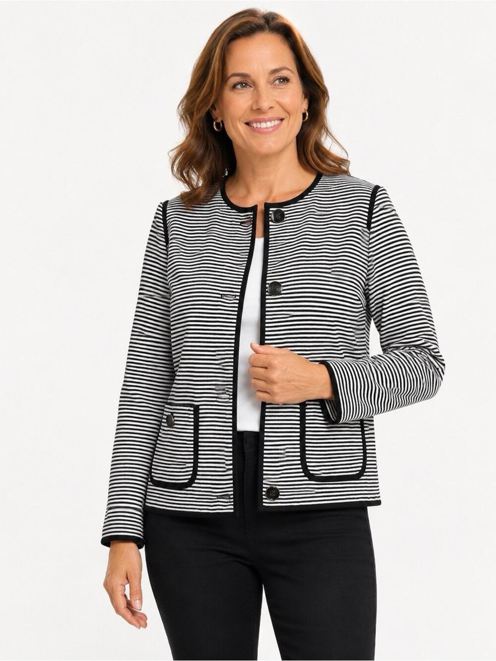 Talbots Womens Black & White Woven Suit Jacket Blazer Horizontal Stripes sz 12
